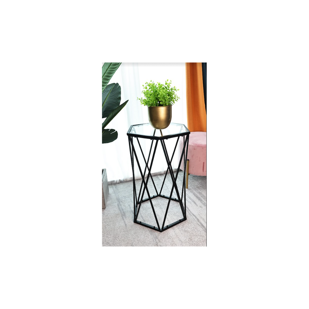 SLENDER Hexagon Black Tempered Glass Side Table - Chic Modern Design