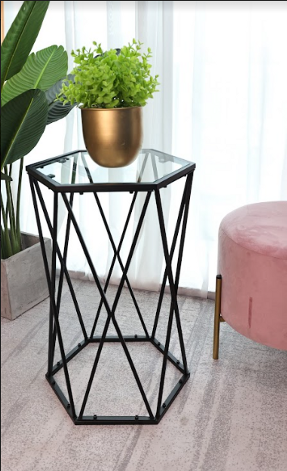 SLENDER Hexagon Black Tempered Glass Side Table - Chic Modern Design