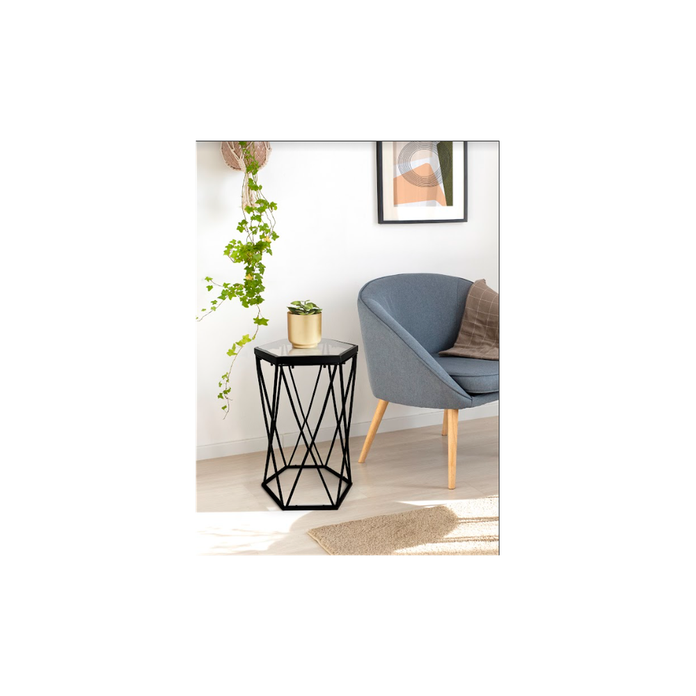 SLENDER Hexagon Black Tempered Glass Side Table - Chic Modern Design