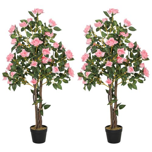 HOMCOM Set of 2 Decorative Artificial Plants Rose Trees in Pot, Pink