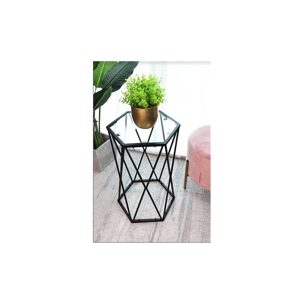 SLENDER Hexagon Black Tempered Glass Side Table - Chic Modern Design
