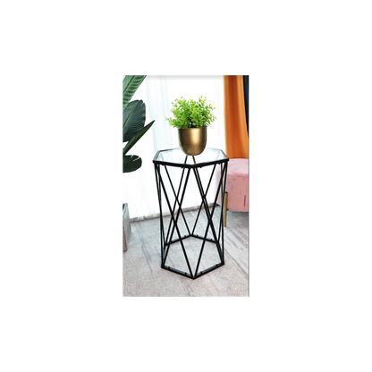 SLENDER Hexagon Black Tempered Glass Side Table - Chic Modern Design