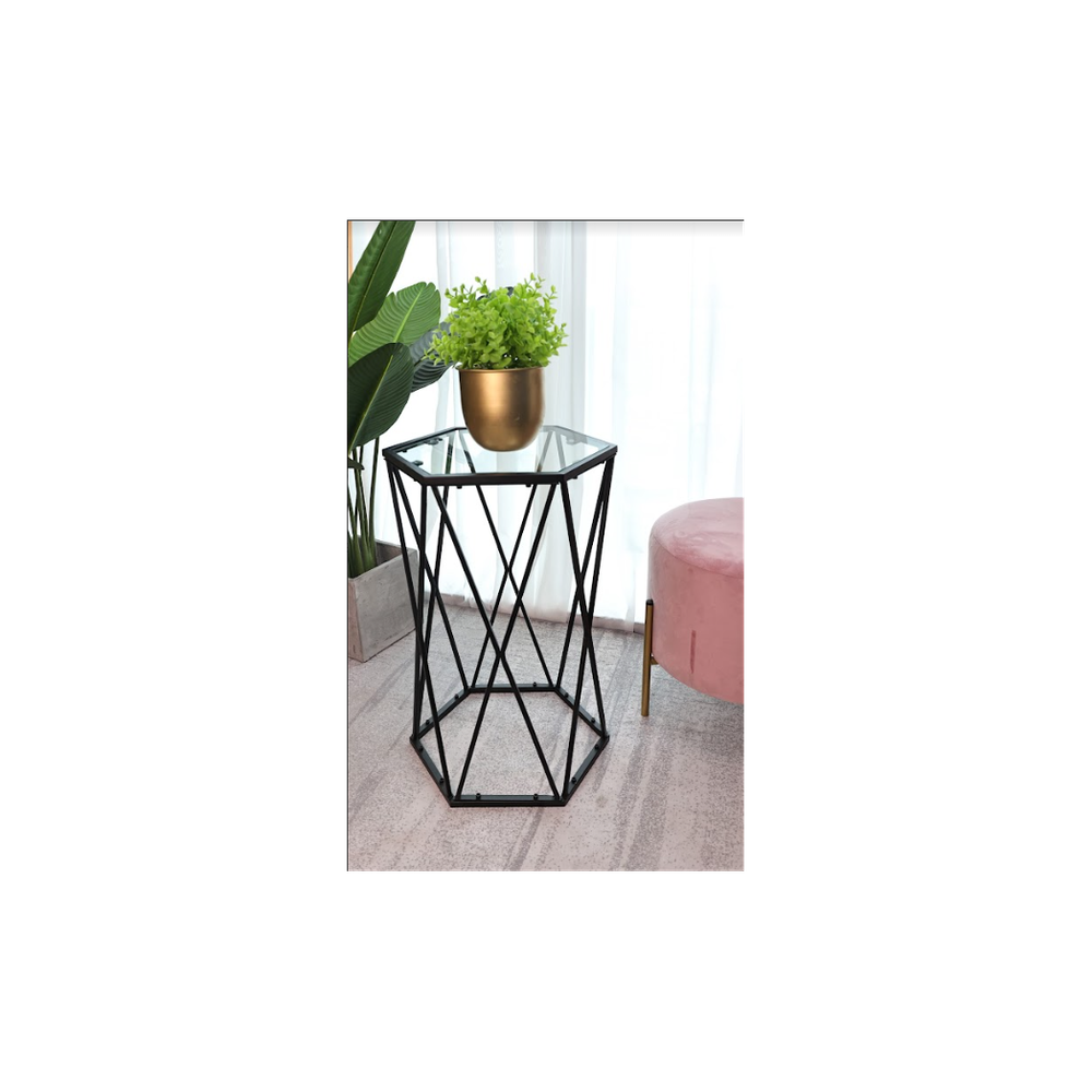 SLENDER Hexagon Black Tempered Glass Side Table - Chic Modern Design