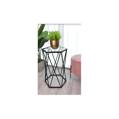 SLENDER Hexagon Black Tempered Glass Side Table - Chic Modern Design