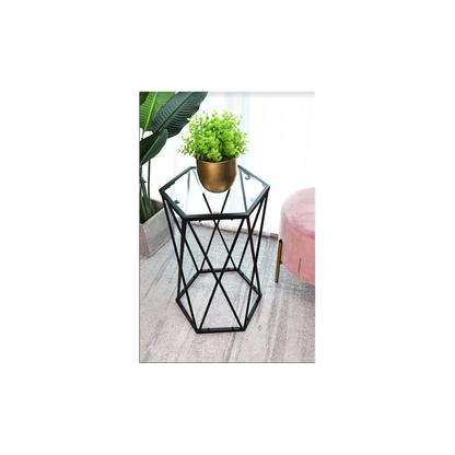 SLENDER Hexagon Black Tempered Glass Side Table - Chic Modern Design
